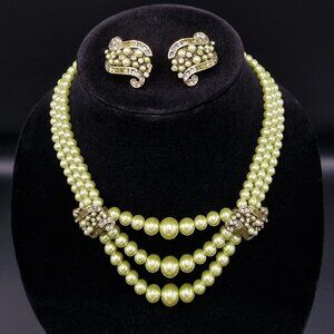 Heidi Daus Green Pearl Necklace & Clip-On Earrings Set